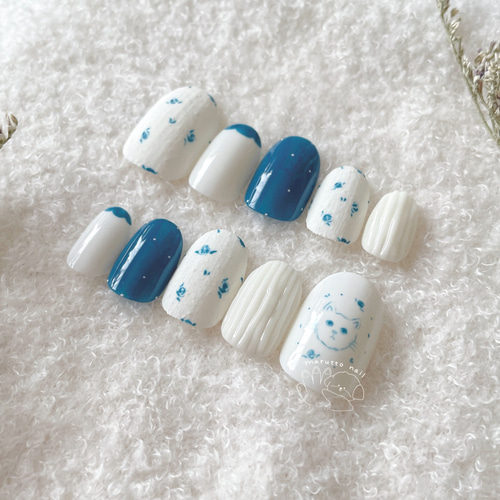 MN@ネイルチップ販売✾m1690＊美品 洗える夏着物 薄物 トール 小紋 NO-3ドール用 青雪デザインネイルチップ | Doll-NAILなぎの木