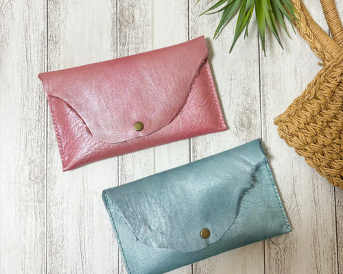 [受注製作]　革　通帳ポーチ 刻印無料♪ 通帳ポーチ 通帳ケース ピンク ブルー メタリック 革