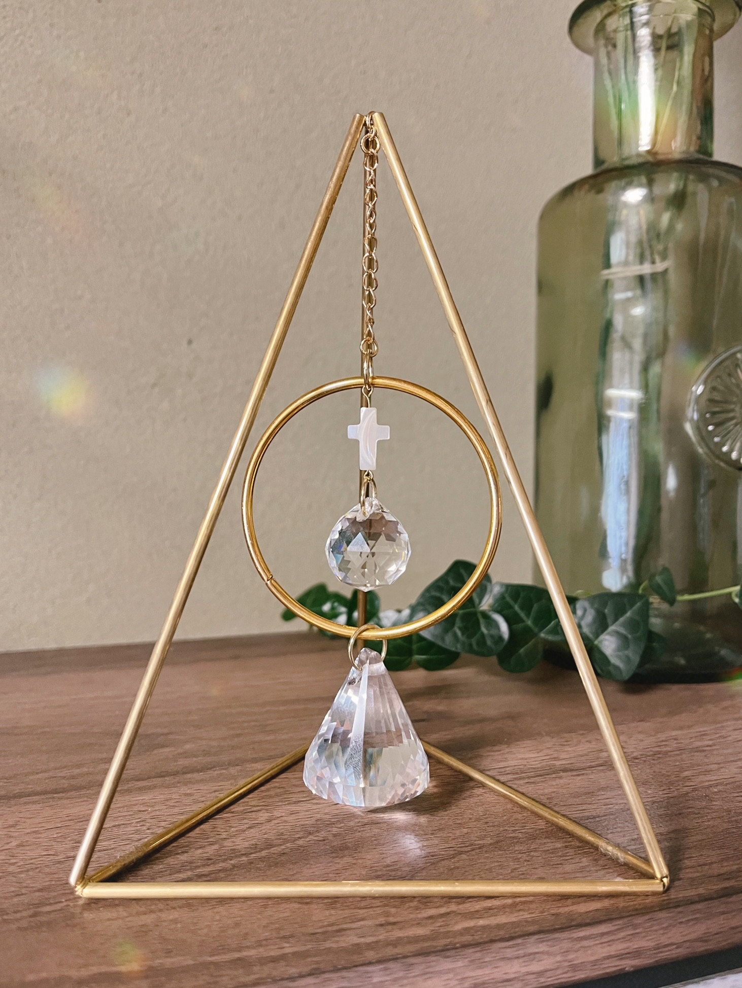 ハンドメイド SUN CATCHER 真鍮サンキャッチャースタンド 30ｍmクリスタル デスクインテリア