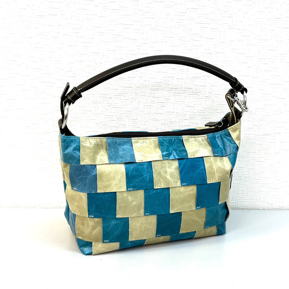 ポニーレザー　100枚ハギ　2WAY ショルダー＆斜め掛け　ブルー　No.361 2枚目の画像