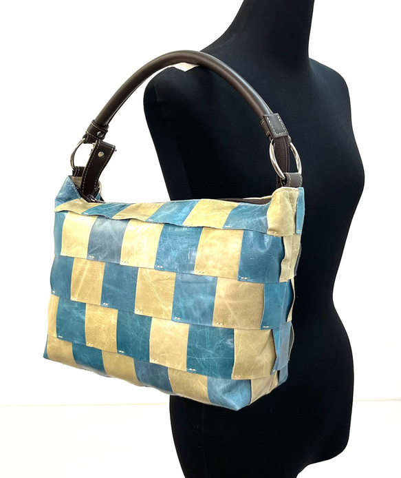 ポニーレザー　100枚ハギ　2WAY ショルダー＆斜め掛け　ブルー　No.361 6枚目の画像