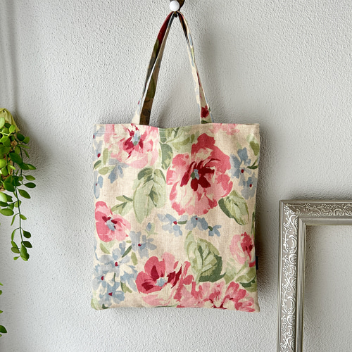 シックな花柄・リネンのフラットトートバッグ｜A4 トートバッグ