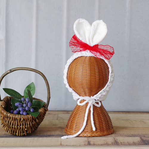 リボンカラーを選べる＊うさ耳ボンネット ホワイト Mサイズ 帽子