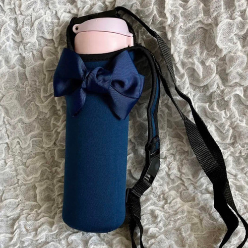 ハンドメイド　オーダー　水筒　カバー　リボン ネイビー紺色リボン付水筒カバーペットボトルカバー♡ペットボトル