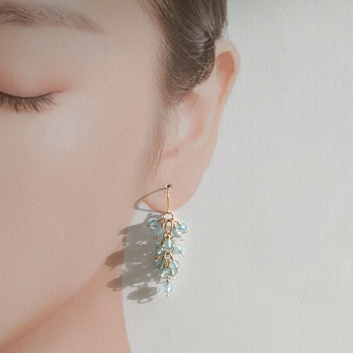 14kgf☆天然石ブルートパーズ デザインピアス ピアス（フック  