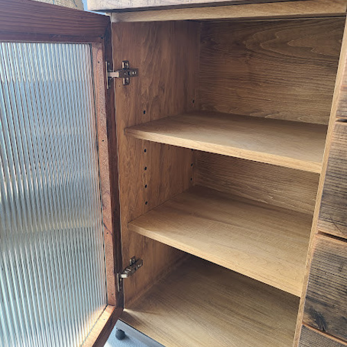 古道具　木製キャビネット モールガラス　ジャンク品 モールガラスのキャビネット - 古家具・古道具 アンティーク家具