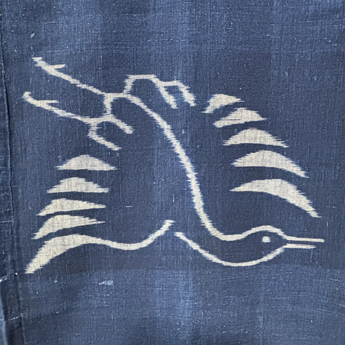 絵絣 藍染 木綿 鶴亀 鶴 亀 正月 めでたい 明治 ボロ ぼろ 井形 はぎれ