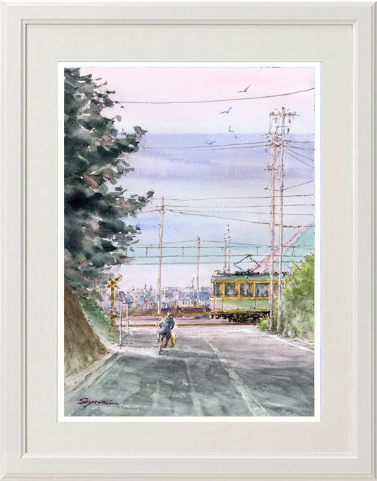今年の新作から定番まで！ 水彩画原画 早朝のサーファーと江ノ電踏切風景 絵画 ＃636 絵画