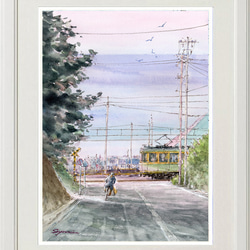 水彩画原画 早朝のサーファーと江ノ電踏切風景 ＃636 絵画 syoumei