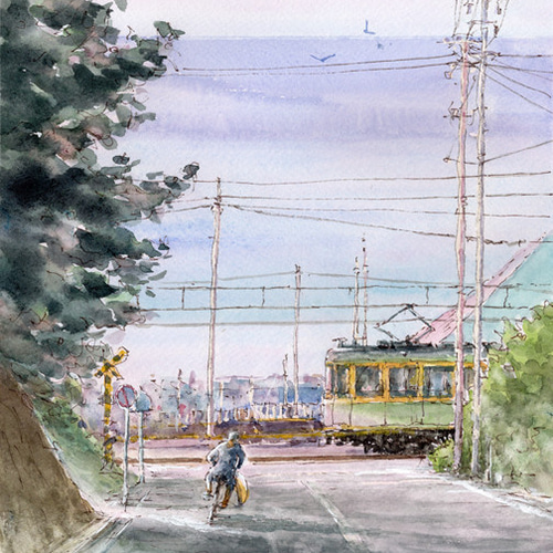 水彩画原画 早朝のサーファーと江ノ電踏切風景 ＃636 絵画