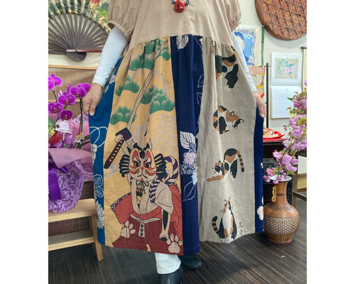 柿渋染め浴衣リメイク　ノースリーブワンピ　ハンドメイド 木綿無地と浴衣と猫柄(七夕柄)の柿渋染めワンピース 手ぬぐい