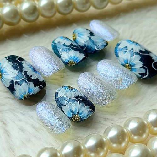 即日発送/インタリオフラワー ネイビー ネイルチップ 現品 No.173 