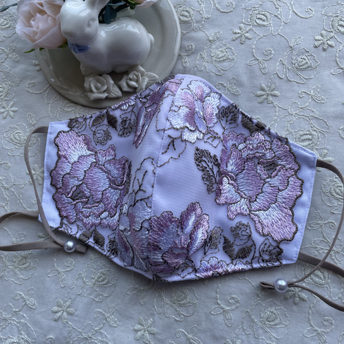 刺繍レースマスク》大人カラー♡藤色♡母の日 抗菌加工生地 3
