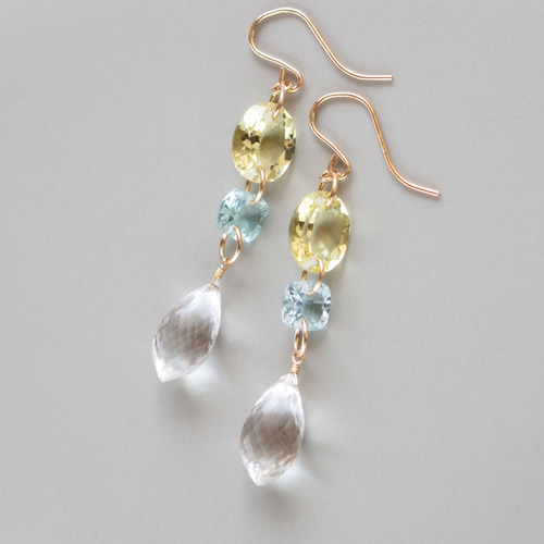 レモンクォーツ・アクアマリン・クリスタル＊天然石の連なりピアス  