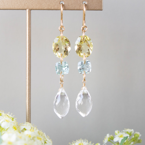 レモンクォーツ・アクアマリン・クリスタル＊天然石の連なりピアス  