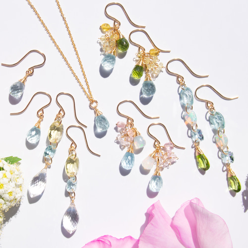 レモンクォーツ・アクアマリン・クリスタル＊天然石の連なりピアス  