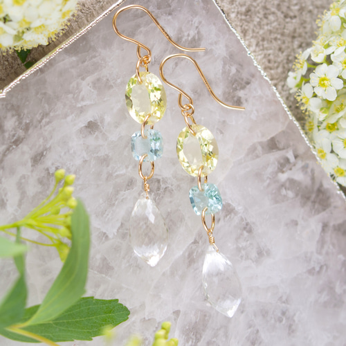 レモンクォーツ・アクアマリン・クリスタル＊天然石の連なりピアス  