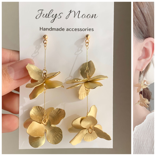 F】ゴールデンオブシディアンのフラワーカービングピアス