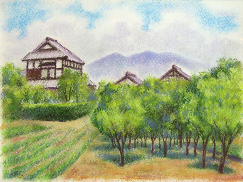 桑原風景（パステル画）