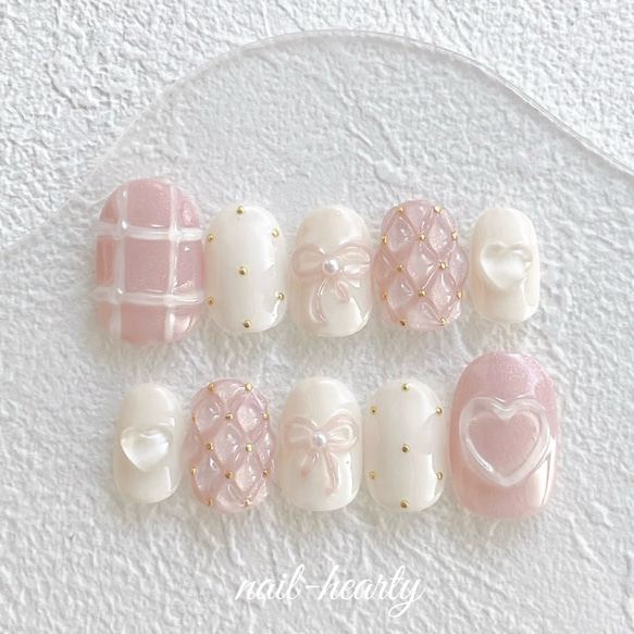 ぷっくりリボンとマグネットキルティングネイルチップ ブライダル 成人  