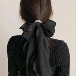 ヘアゴムバレッタ ブラック黒ビッグりぼんリボンパールかわいい韓国大人女子 6枚目の画像