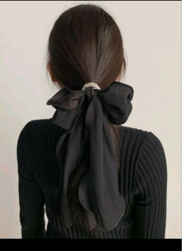 ヘアゴムバレッタ ブラック黒ビッグりぼんリボンパールかわいい韓国大人女子 6枚目の画像