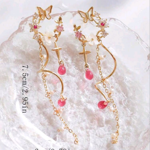 ピアス 蝶ちょうバタフライ可愛いお花ピンクロングブルーグレー