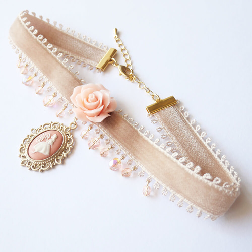 ピンク ローズ アリス カメオ ロリータ チョーカー パーティ 薔薇