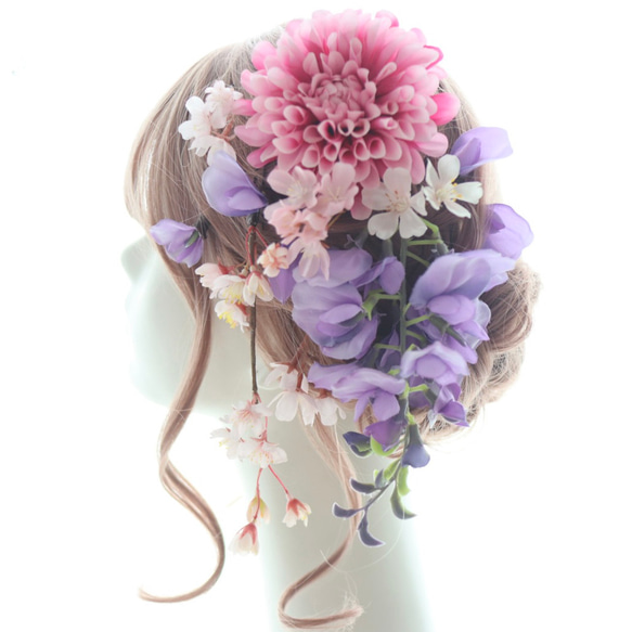 ヘッドドレス　髪飾り　和婚　藤　桜　ダリア　紫　ピンク　結婚式　成人式　卒業式　ブライダル　ヘアアクセサリー 1枚目の画像