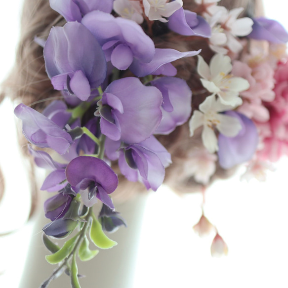 ヘッドドレス　髪飾り　和婚　藤　桜　ダリア　紫　ピンク　結婚式　成人式　卒業式　ブライダル　ヘアアクセサリー 10枚目の画像