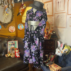 和洋折衷 浴衣 リメイク ワンピース ドレス 帯サッシュベルト レトロ 古着 和 モダン  W-241 4枚目の画像