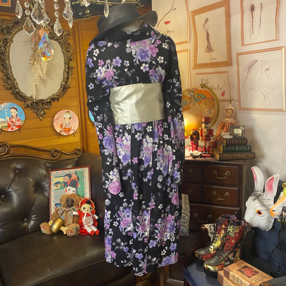 和洋折衷 浴衣 リメイク ワンピース ドレス 帯サッシュベルト レトロ 古着 和 モダン  W-241 5枚目の画像