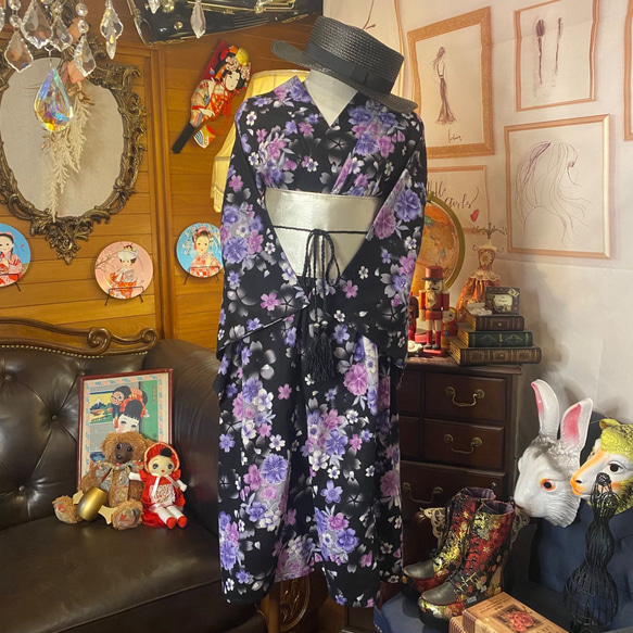 和洋折衷 浴衣 リメイク ワンピース ドレス 帯サッシュベルト レトロ 古着 和 モダン  W-241 3枚目の画像