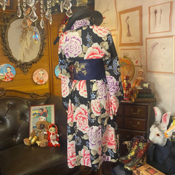 和洋折衷 浴衣 リメイク ワンピース ドレス 帯サッシュベルト レトロ 古着 和 モダン W-243 4枚目の画像