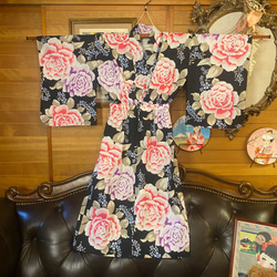 和洋折衷 浴衣 リメイク ワンピース ドレス 帯サッシュベルト レトロ 古着 和 モダン W-243 5枚目の画像