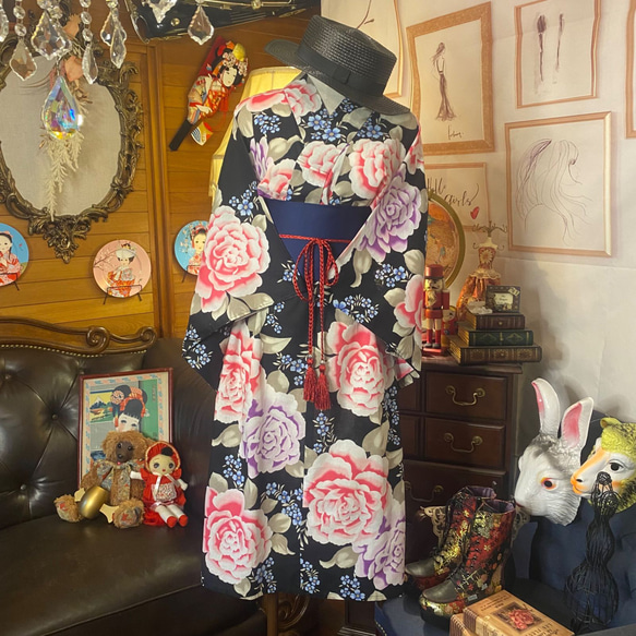 和洋折衷 浴衣 リメイク ワンピース ドレス 帯サッシュベルト レトロ 古着 和 モダン W-243 3枚目の画像