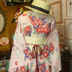 和洋折衷 浴衣 リメイク ワンピース ドレス 帯サッシュベルト レトロ 古着 和 モダン 素敵な花柄　W-244 2枚目の画像