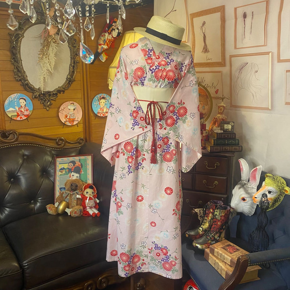 和洋折衷 浴衣 リメイク ワンピース ドレス 帯サッシュベルト レトロ 古着 和 モダン 素敵な花柄　W-244 3枚目の画像