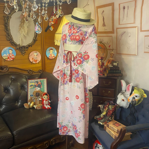 和洋折衷 浴衣 リメイク ワンピース ドレス 帯サッシュベルト レトロ 古着 和 モダン 素敵な花柄　W-244 4枚目の画像