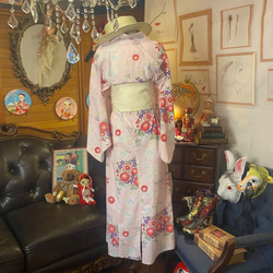 和洋折衷 浴衣 リメイク ワンピース ドレス 帯サッシュベルト レトロ 古着 和 モダン 素敵な花柄　W-244 5枚目の画像
