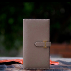 ベルト付き長い財布　ヴォーエプソン革/エトープ　手縫い商品 2枚目の画像