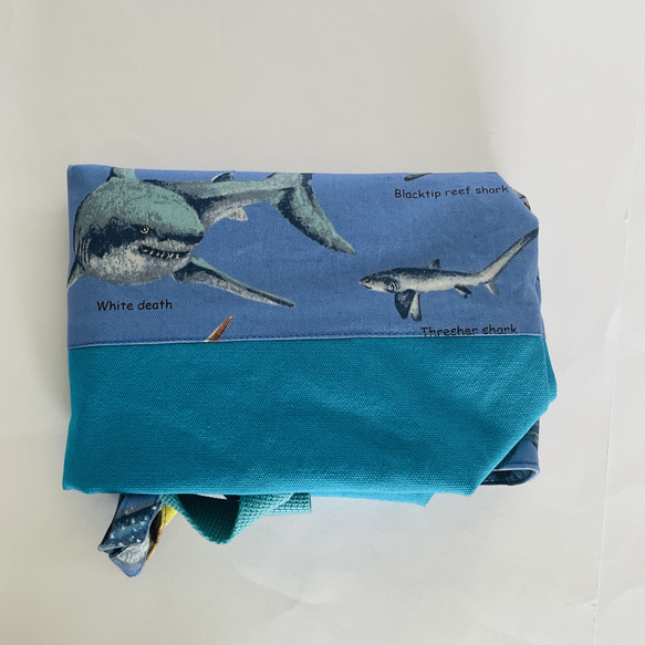 大きめサイズ　サメ好きすぎレッスンバック　ネイビー/11号セルリアンブルー帆布切替　35×45 ループ 12枚目の画像