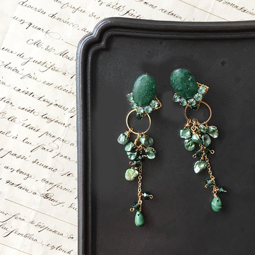 天然石 アフリカン グリーン アベンチュリン フープ ピアス