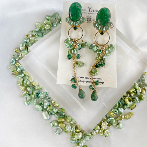 天然石 アフリカン グリーン アベンチュリン フープ ピアス