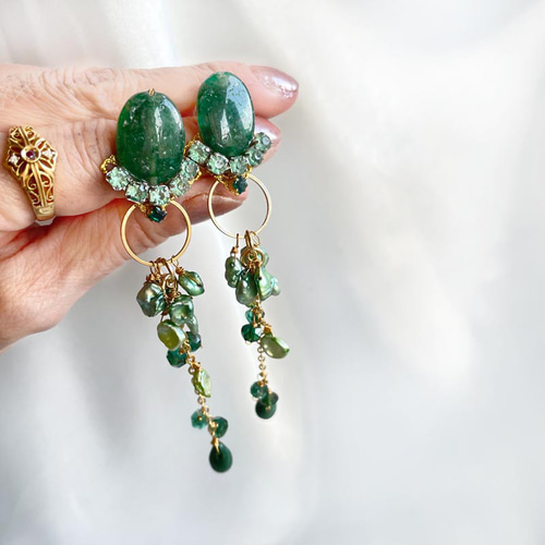 天然石 アフリカン グリーン アベンチュリン フープ ピアス