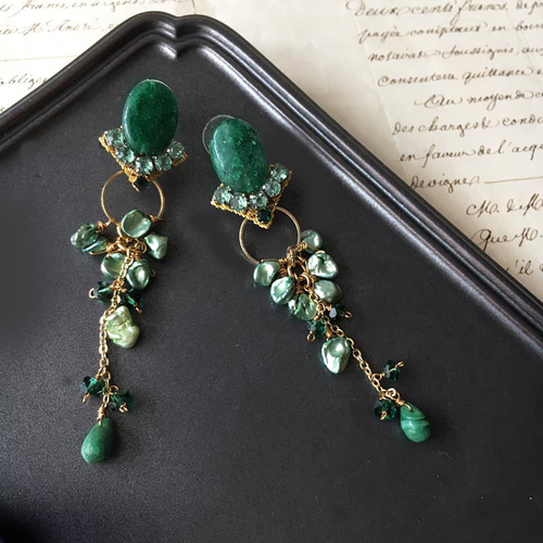 天然石 アフリカン グリーン アベンチュリン フープ ピアス