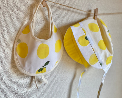 Baby【ボンネット＆スタイ】set リバーシブル レモン Sサイズ（0〜6