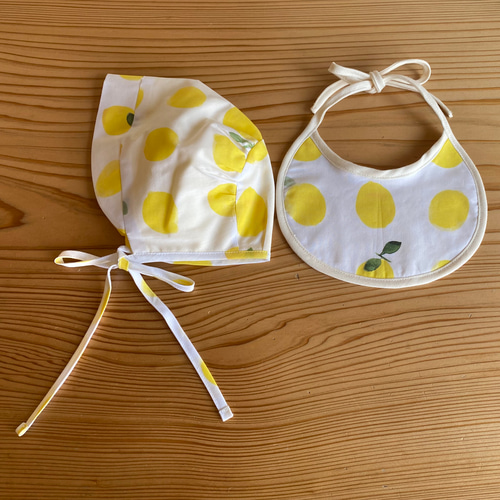 Baby【ボンネット＆スタイ】set リバーシブル レモン Sサイズ（0〜6