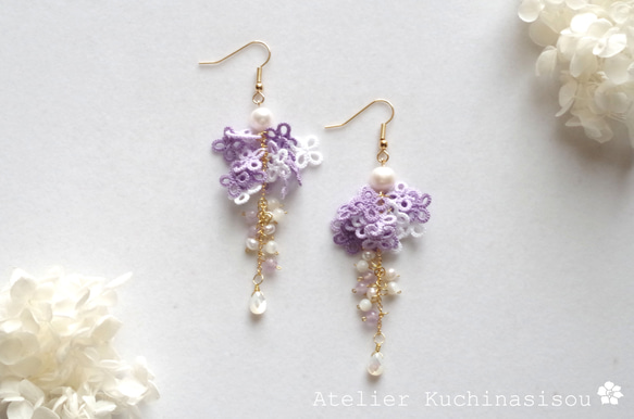 梭織小花和水滴耳環&lt;紫藤&gt; 第2張的照片