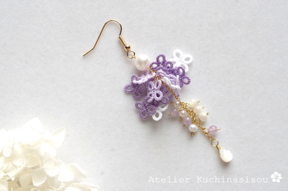 梭織小花和水滴耳環&lt;紫藤&gt; 第4張的照片
